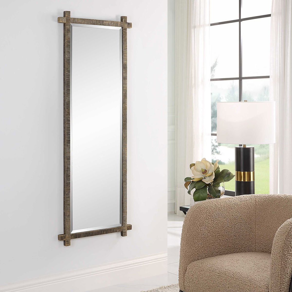 Abanu Ribbed Gold Dressing Mirror, Floor Mirror by Uttermost, 22" width x 60.25" height x 1.25" depth View 4