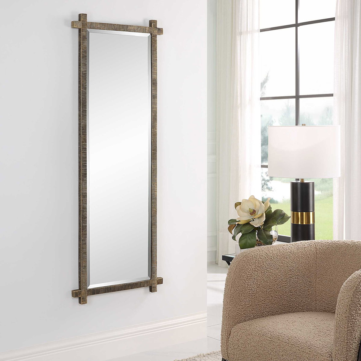 Abanu Ribbed Gold Dressing Mirror, Floor Mirror by Uttermost, 22" width x 60.25" height x 1.25" depth View 4
