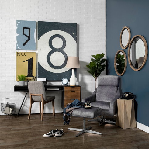 David Solid Back Dining Side Chair | Grey Fabric with Medium Brown Wood