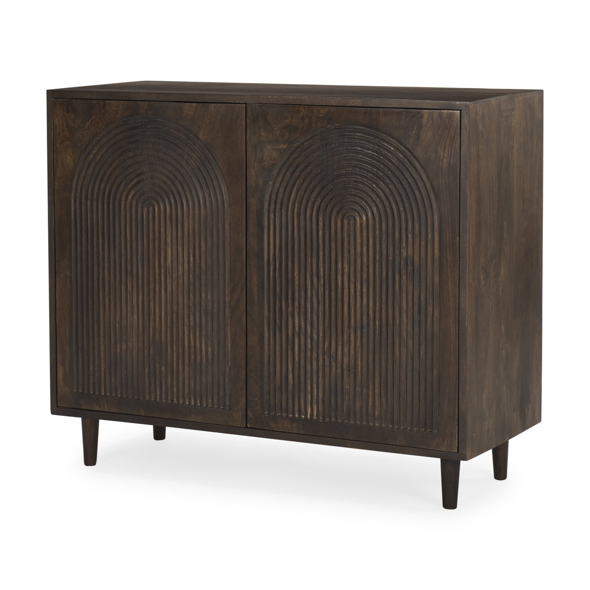 Tucker Dark Brown Wood with Carved Arch Pattern 2 Door Cabinet, Cabinets & Chest by Mercana, 36" length x 15" width x 30" height View 1