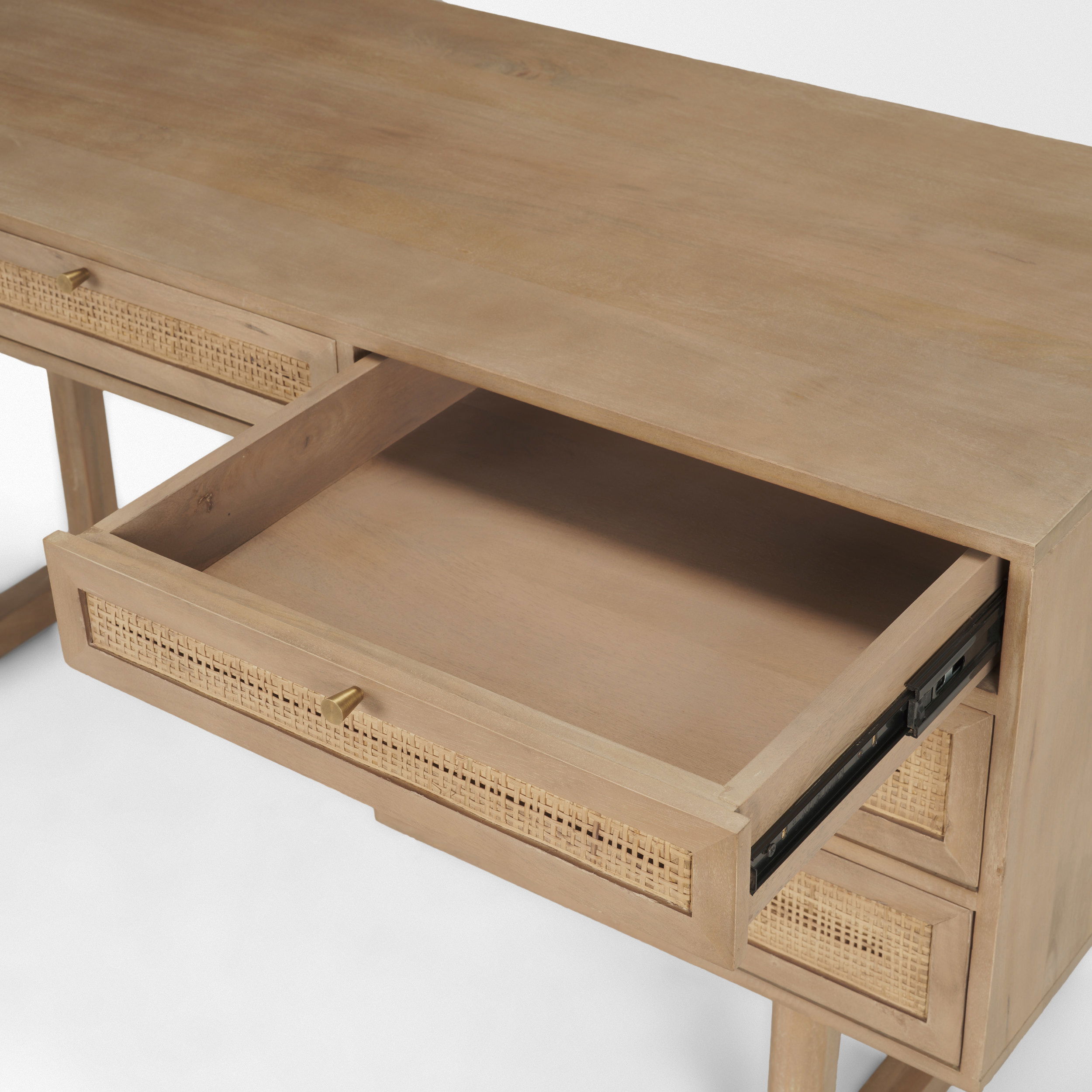 Grier 60' Light Brown Solid Wood with Cane Office Desk, by Mercana, 62" length x 22.75" width x 30" height View 13