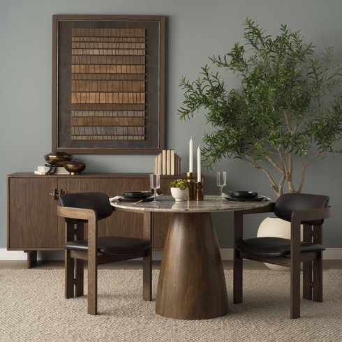 Allyson 42" Round Pedestal Dining Table | Savar Pink Marble & Brown Wood | Seats 4