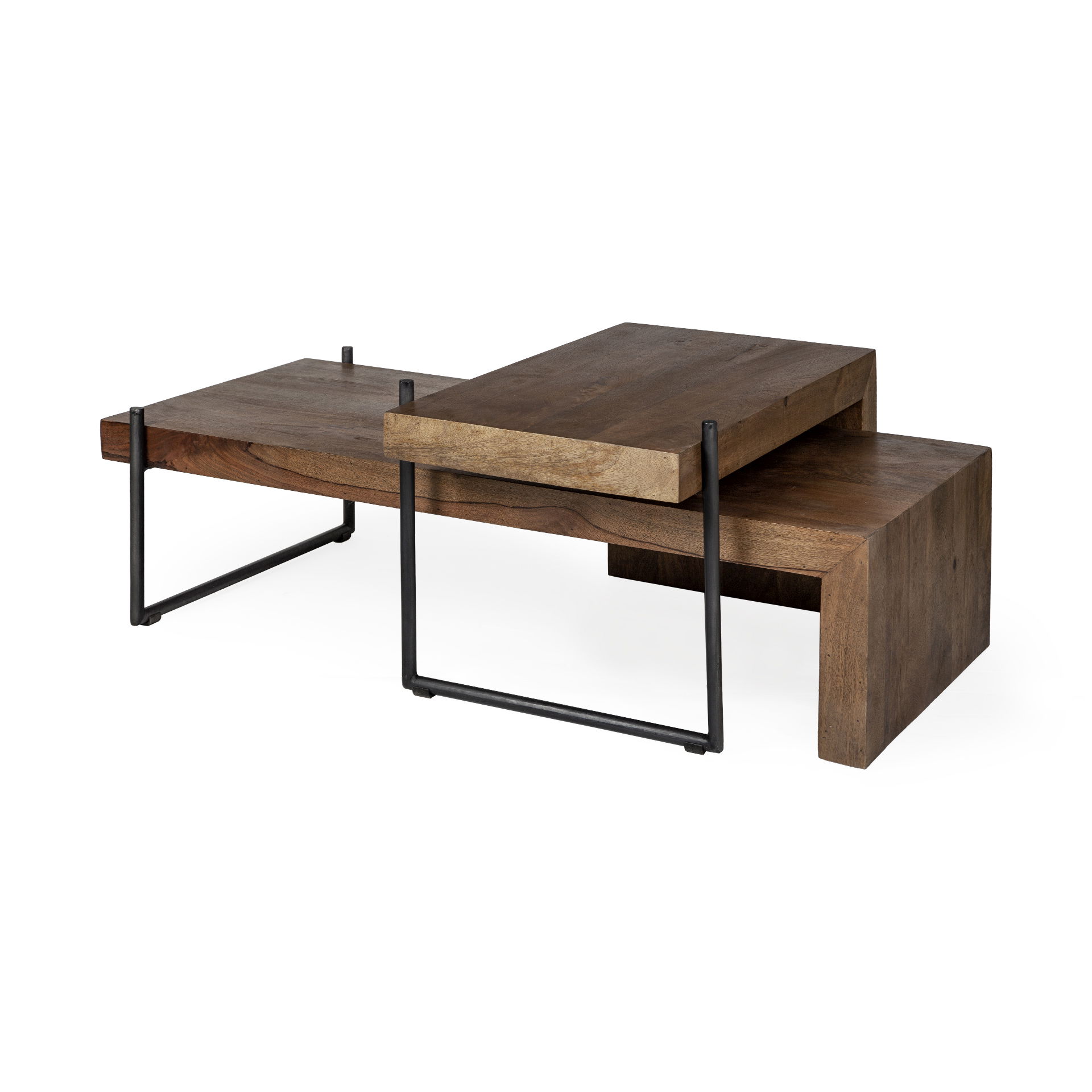 Maddox Set of 2 Brown Solid Wood Top Black Metal Base Nesting Coffee Tables large image 