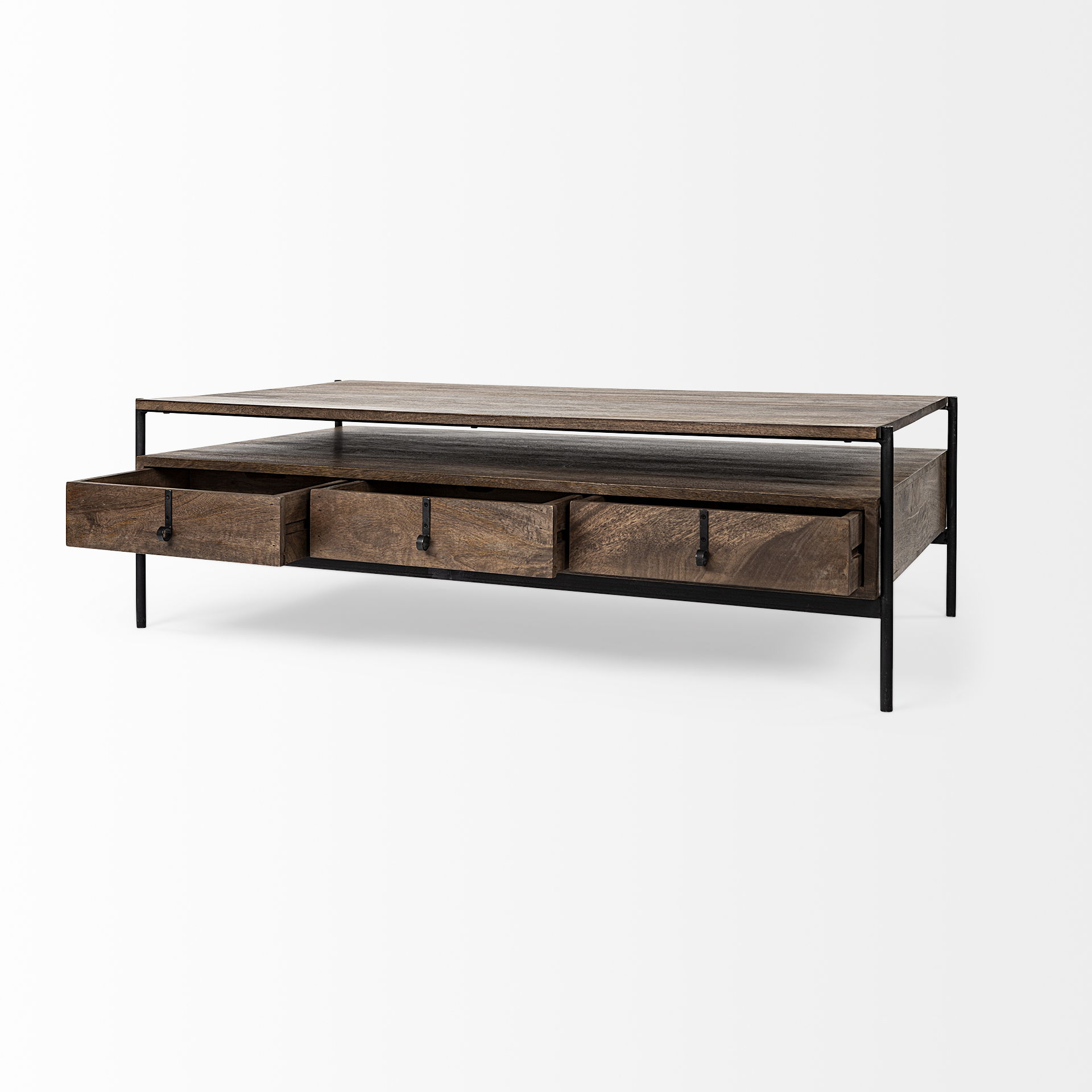 Glenn II 54x30 Dark Brown Wood with Black Iron Frame, Rectangle 3 Drawers Coffee Table, by Mercana, 55.75" length x 30.5" width x 17" height View 9