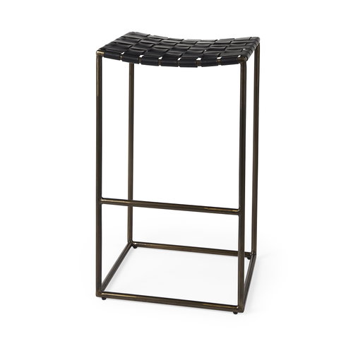 Clarissa Backless 30.25in Seat Bar Stool | Black Leather with Gold Metal