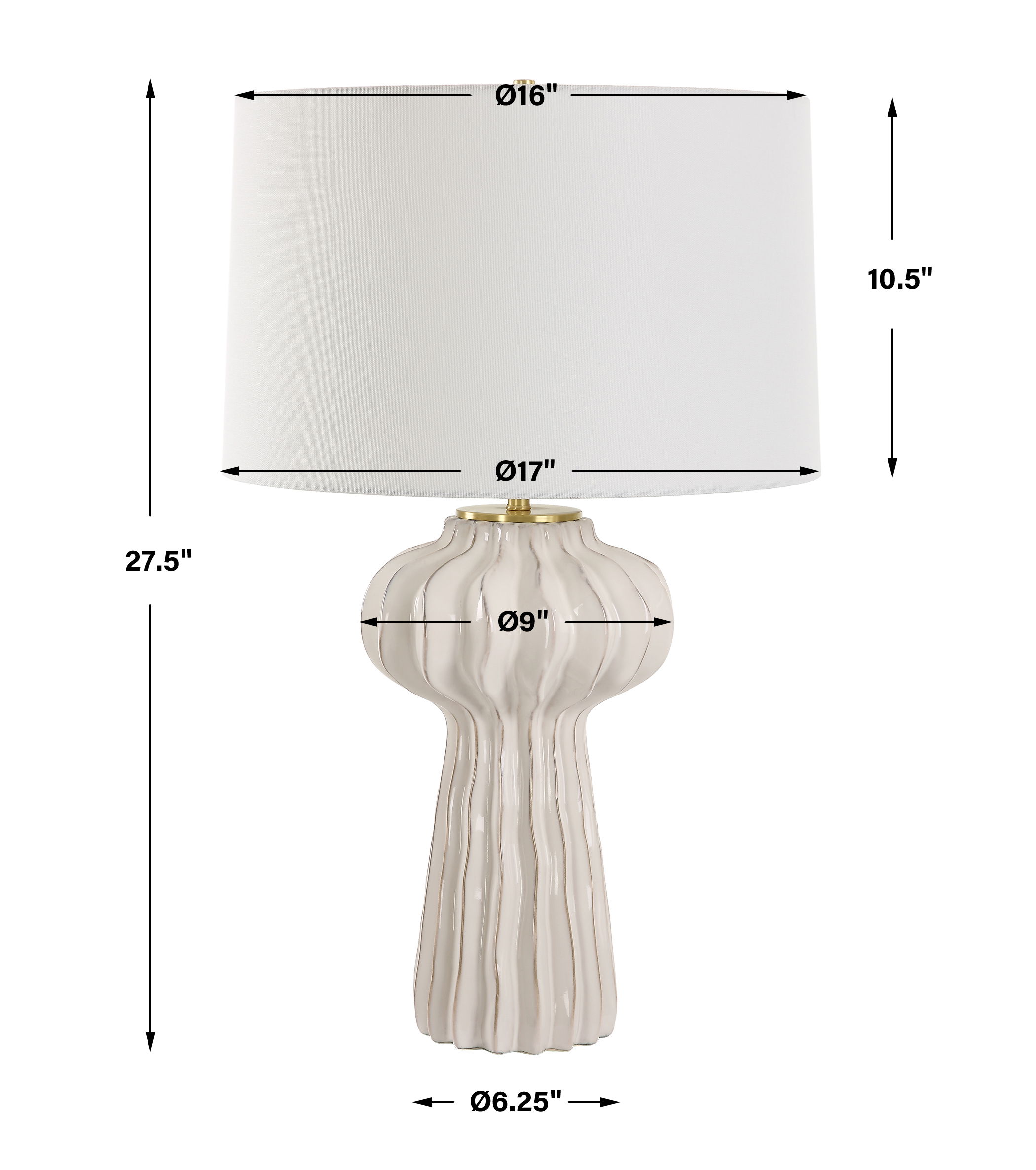 Wrenley Ridged White Table Lamp, by Uttermost, 17" width x 27.5" height x 17" depth View 3