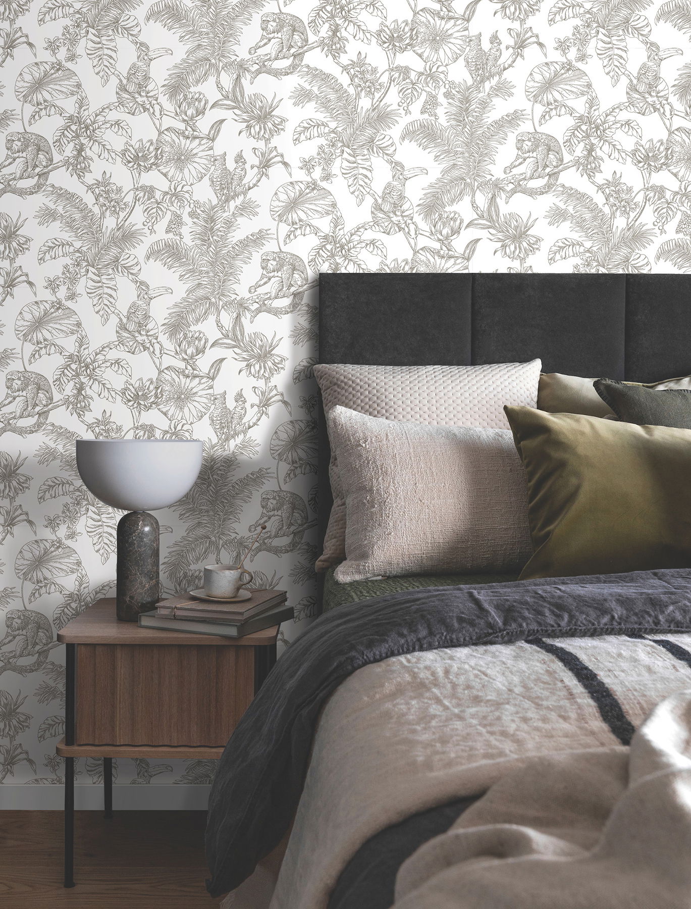Tropical Sketch Toile Brown Wallpaper large image 