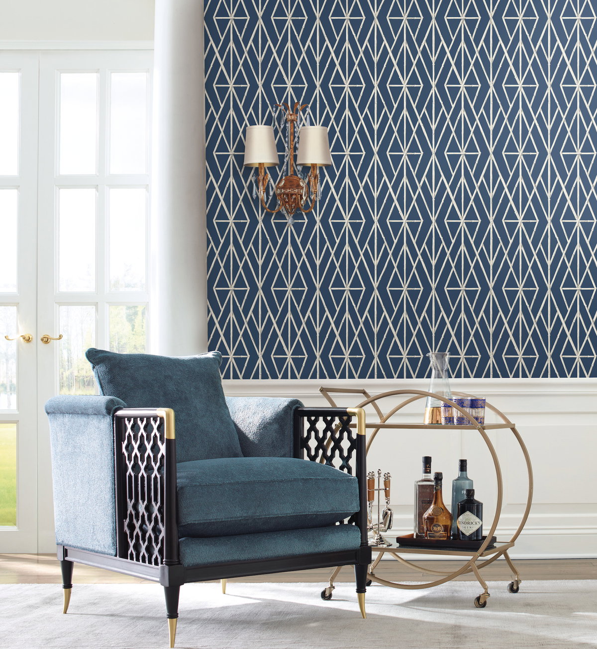 Riviera Bamboo Trellis Navy Wallpaper, by York Wall, 33' length x 1'8.5" width x 0.02" depth View 3