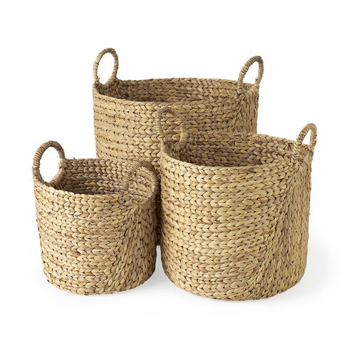 Sivan  (Set of 3) Light Brown Water Hyacinth Round Basket with Handles