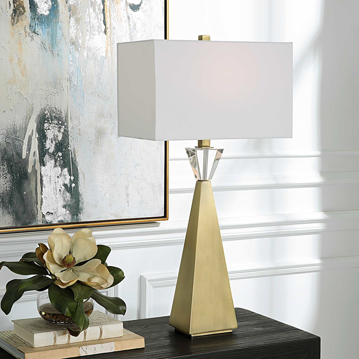 Arete Modern Brass Table Lamp, by Uttermost, 16" width x 31.75" height x 10" depth View 2