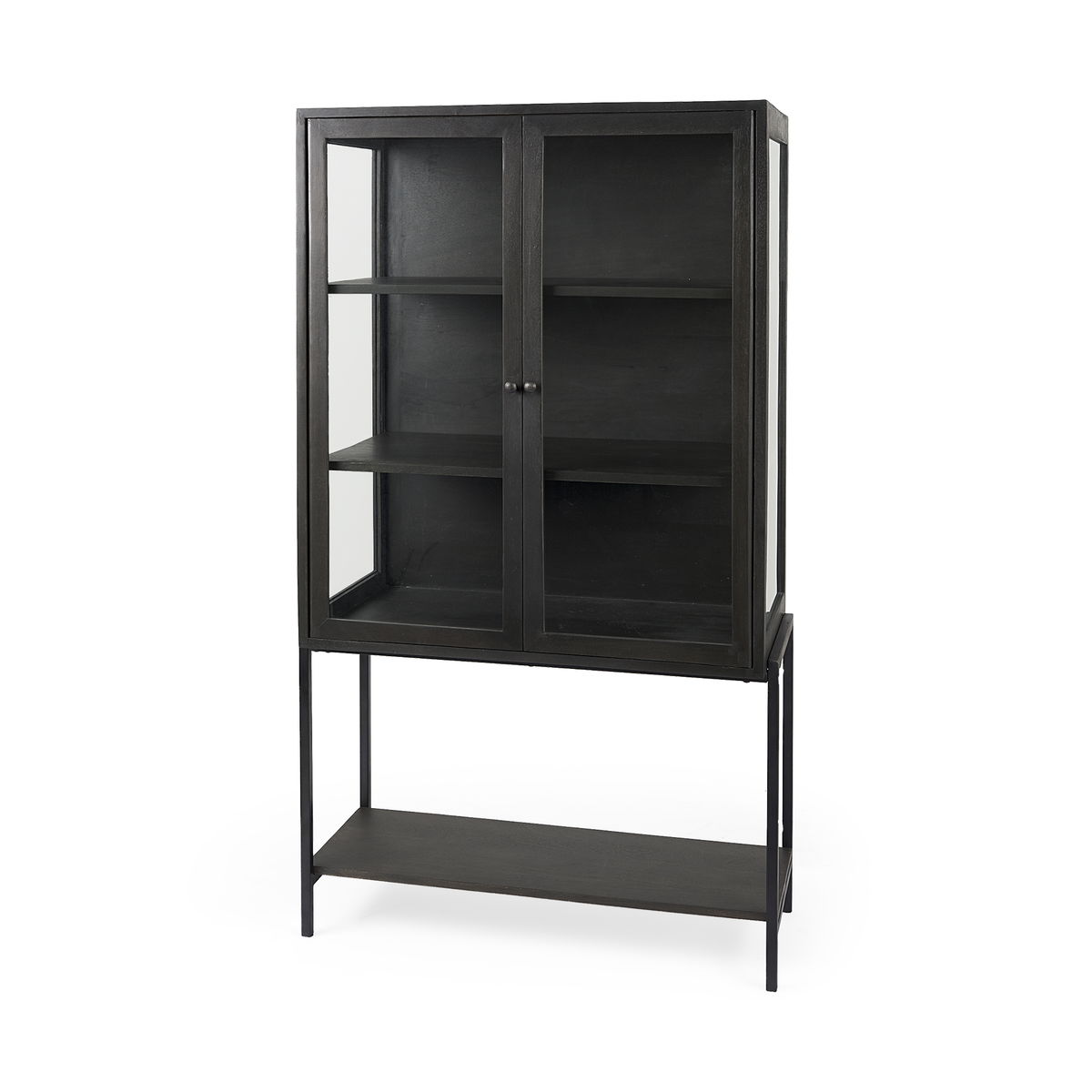 Arelius 36L x 18.75W x 63H Black-Brown Wood with Black Metal Base Display Cabinet, Cabinets & Sideboard by Mercana, 36" length x 18.75" width x 63" height View 1