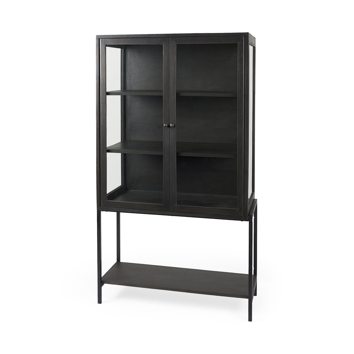 Arelius 36L x 18.75W x 63H Black-Brown Wood with Black Metal Base Display Cabinet, Cabinets & Sideboard by Mercana, 36" length x 18.75" width x 63" height View 1
