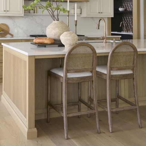 Elle Rounded Caneback Medium Brown Wood with Oatmeal Fabric Counter Stool