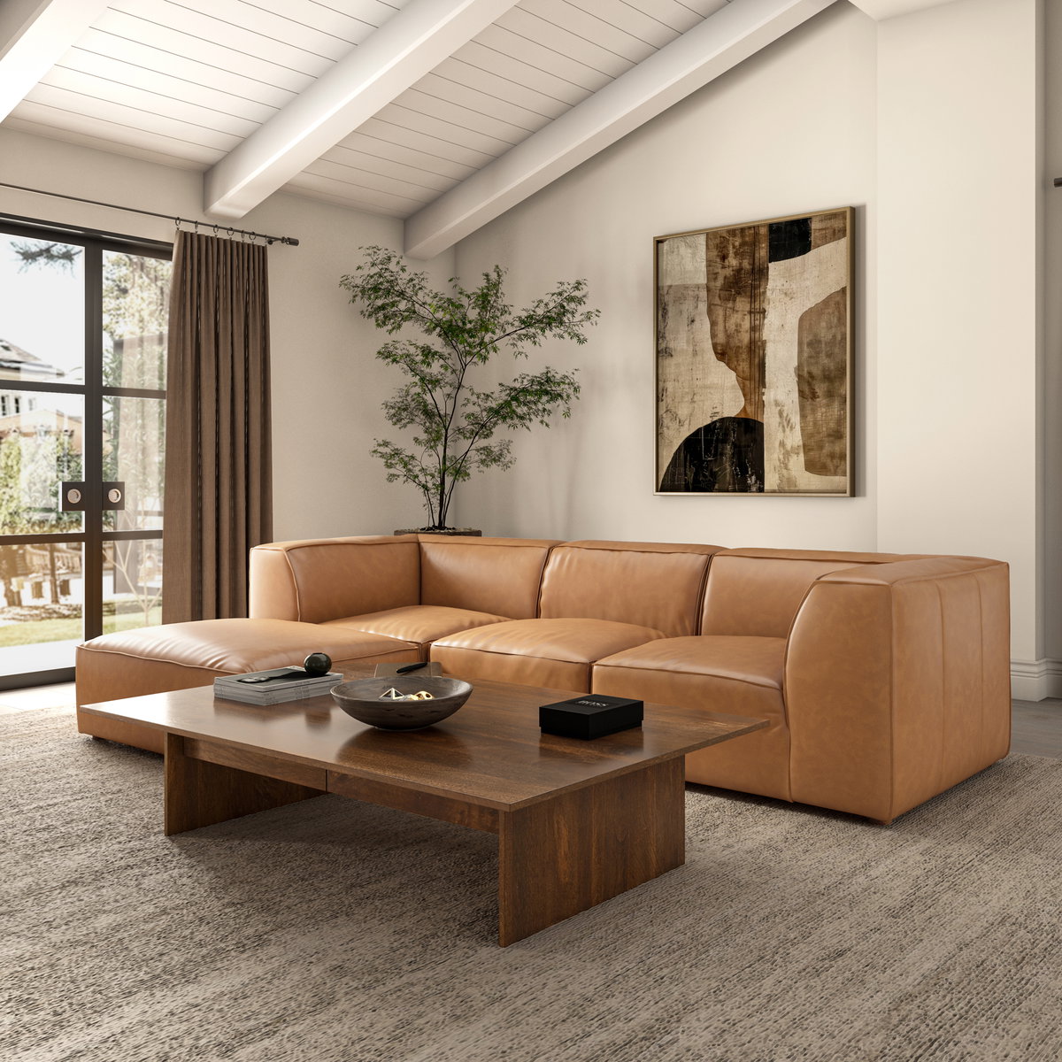 Form Corner Chair Sonoran Tan Leather, Sectional Sofa by Moe's Home, 40.5" width x 26" height x 40.5" depth View 11