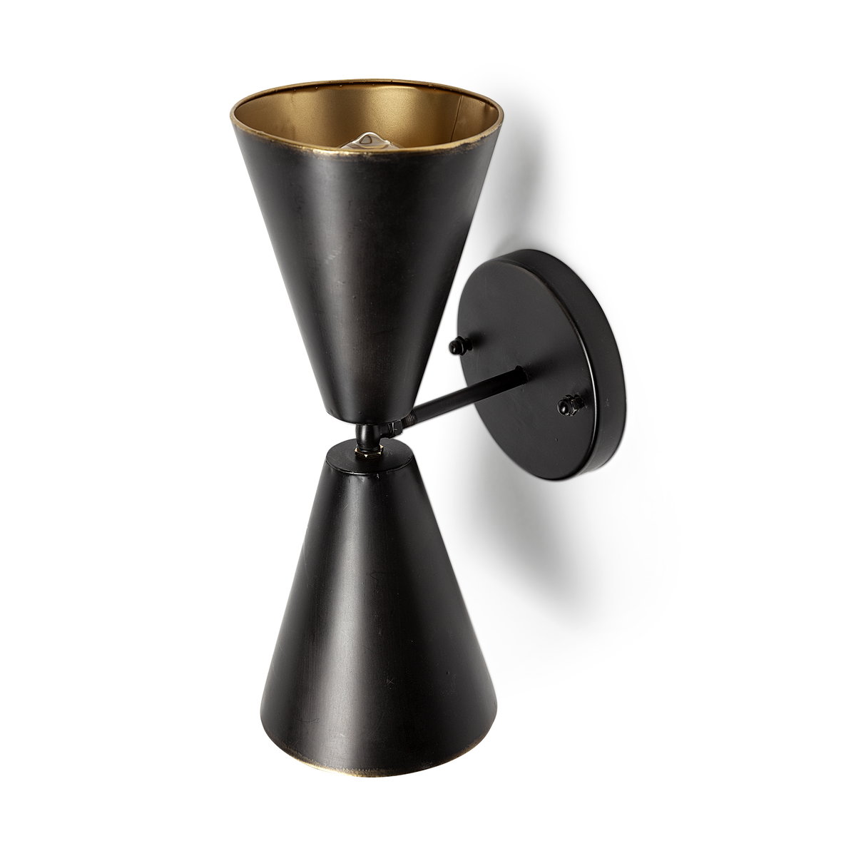 Eris II 7.3x12.6 Black Metal with Gold Accent Double-Cone Wall Sconce, by Mercana, 7.28" length x 5.12" width x 12.6" height View 1