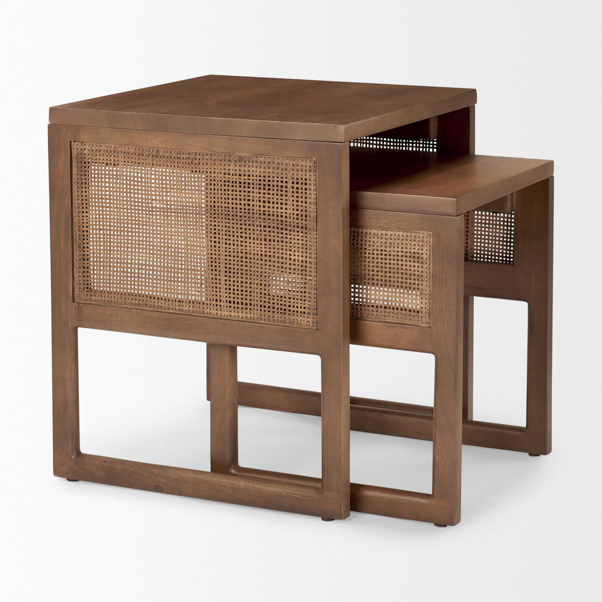 Grier Set of 2 Medium Brown Solid Wood with Cane Nesting Accent Tables large image 