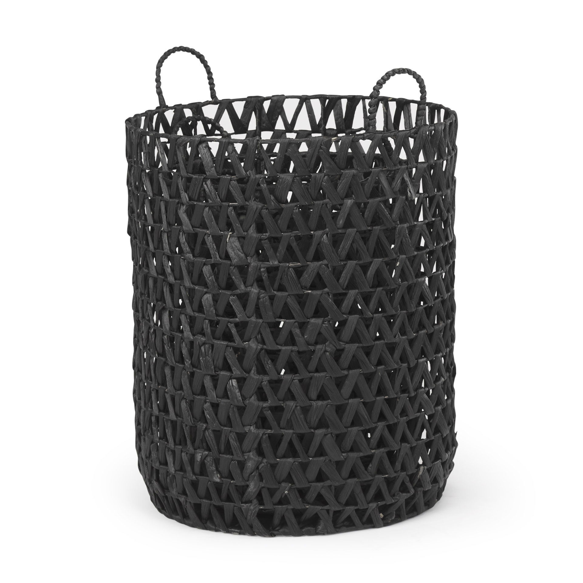 Lola 19.7L x 19.7W x 23.6 Set of 3 Black Water Hyacinth Zig Zag Weave Round Basket with Handles, Bins & Basket by Mercana, 19.69" length x 19.69" width x 23.62" height View 5
