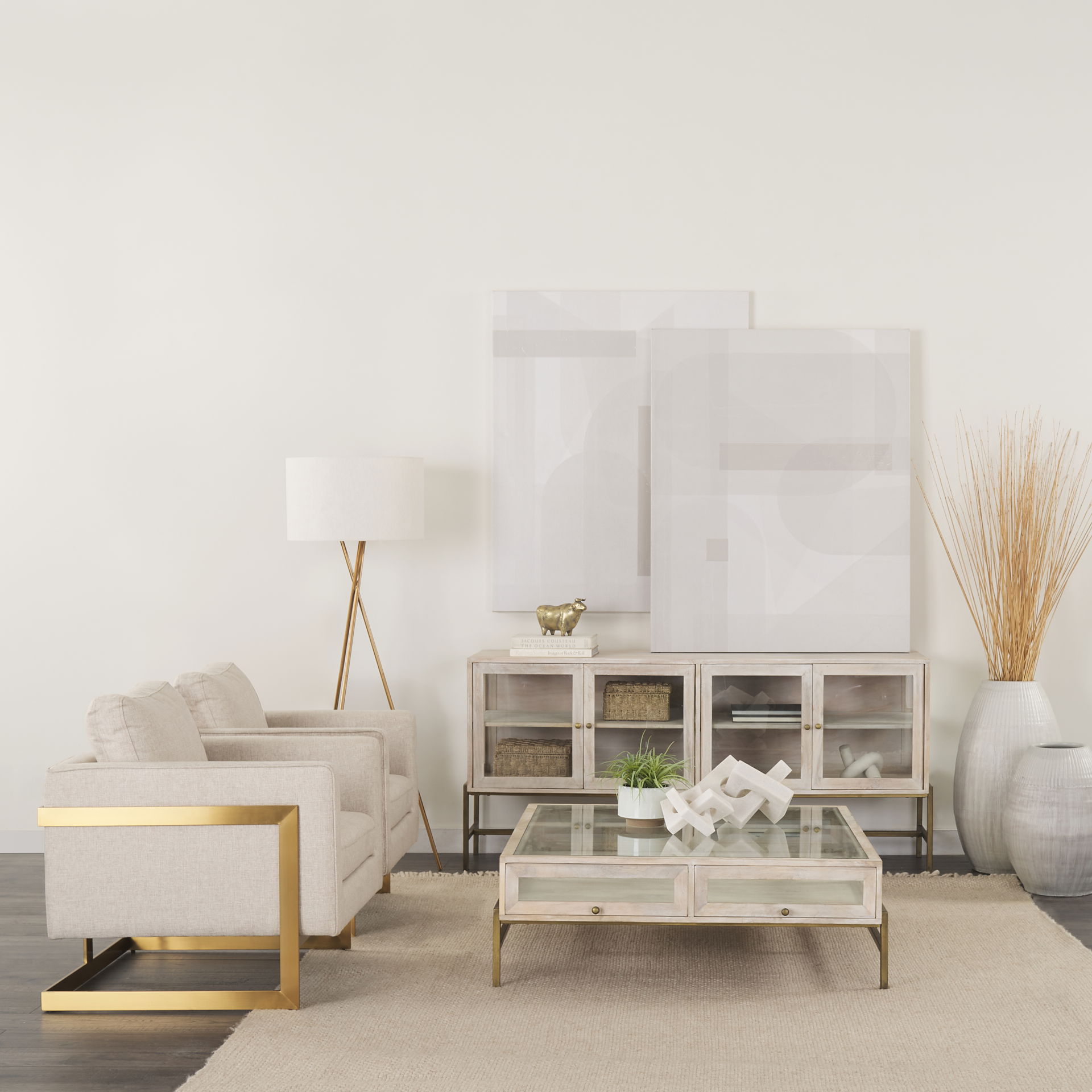 Arelius 42' Square Glass-Top White Wood with Gold Metal Base Display Coffee Table, by Mercana, 43.5" length x 42" width x 15" height View 2