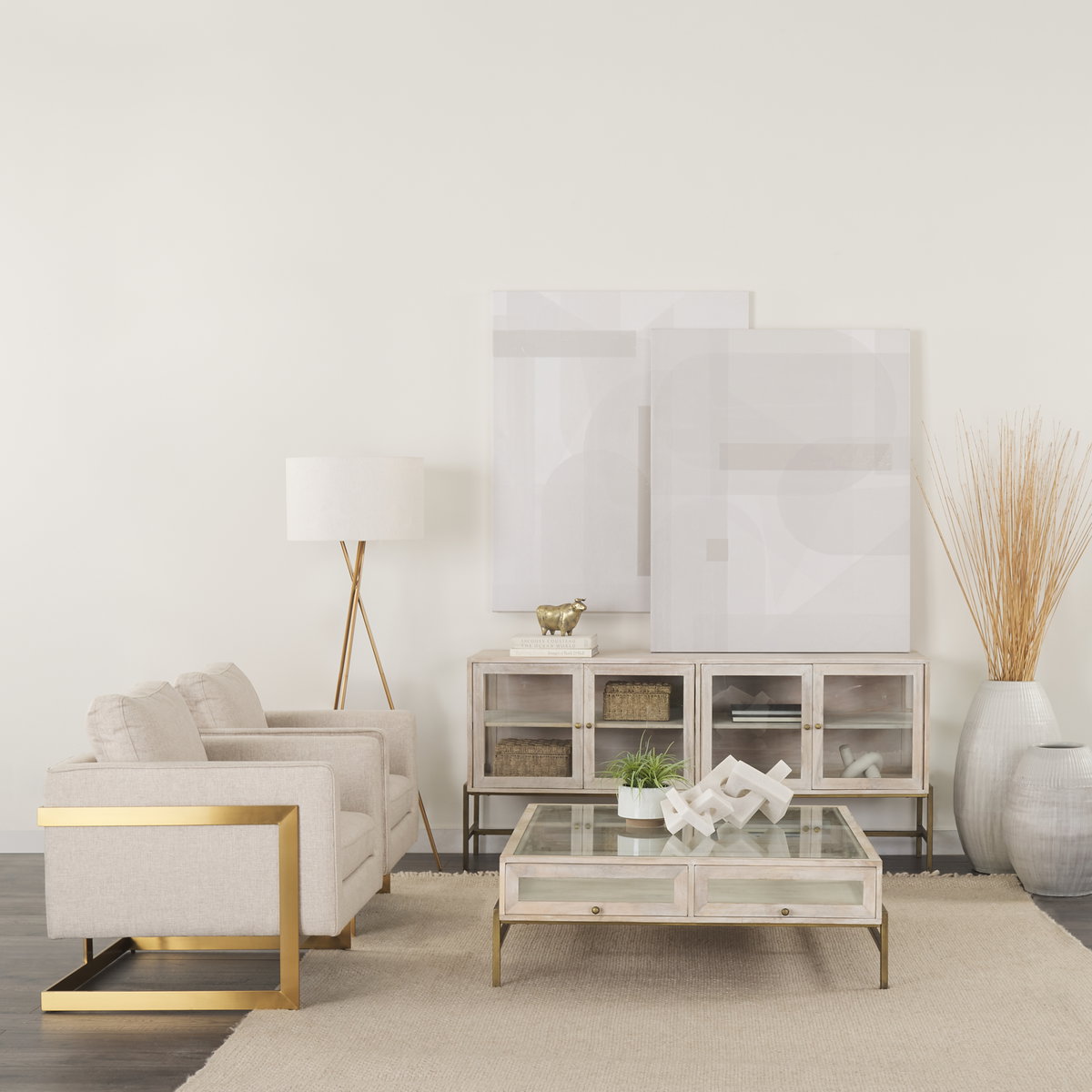 Arelius 42' Square Glass-Top White Wood with Gold Metal Base Display Coffee Table, by Mercana, 43.5" length x 42" width x 15" height View 2