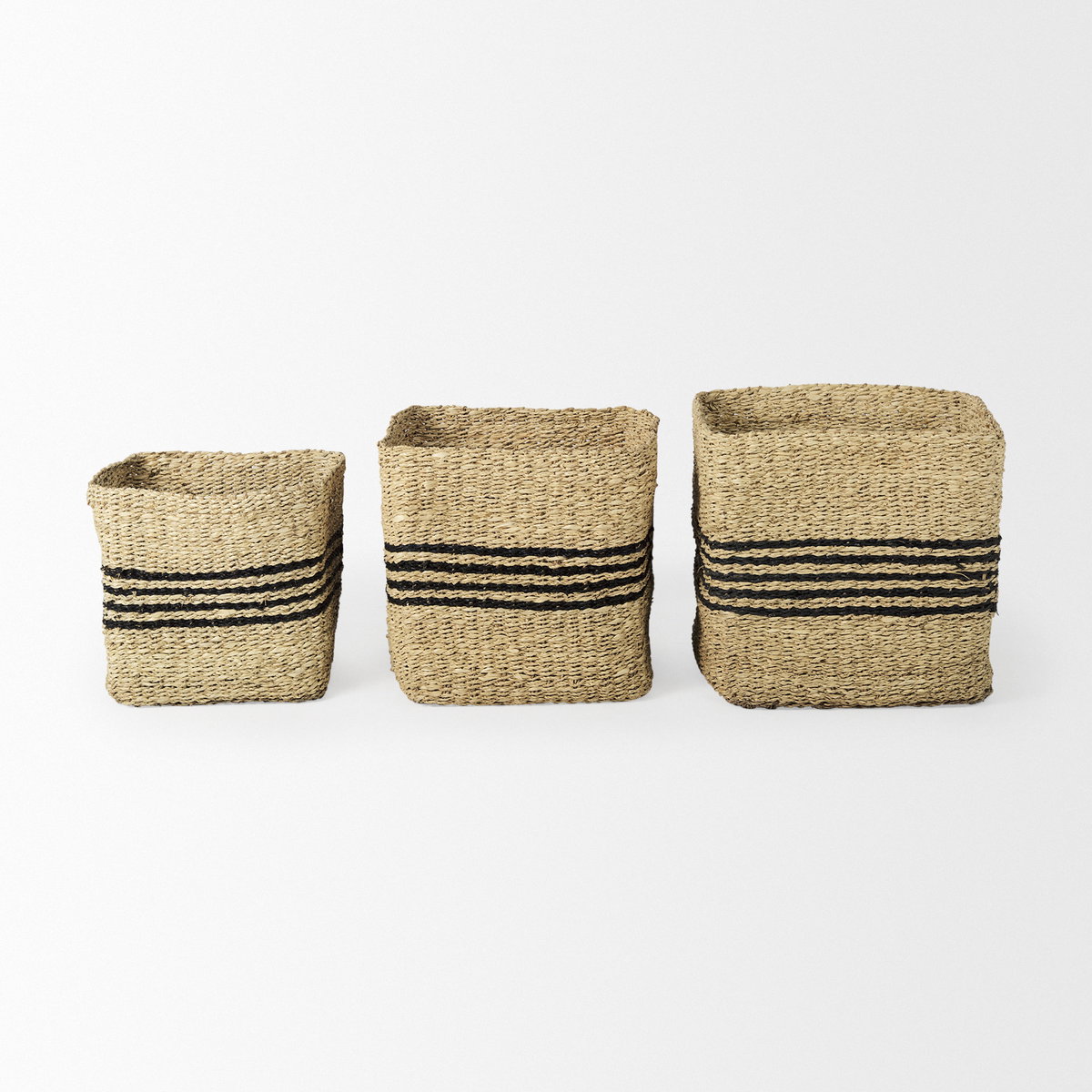 Cullen 15.7L x 15.7W x 15.7H (Set of 3) Grey Twisted Seagrass Square Basket, Bins & Basket by Mercana, 18.5" length x 13.39" width x 14.57" height View 2