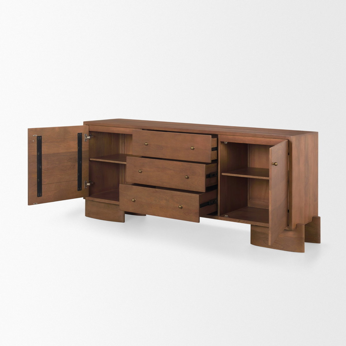 Jonan Medium Brown Wood with Dark Aged Brass 2 Door 3 Drawer Sideboard, Sideboards & Buffet by Mercana, 76" length x 18" width x 31" height View 10