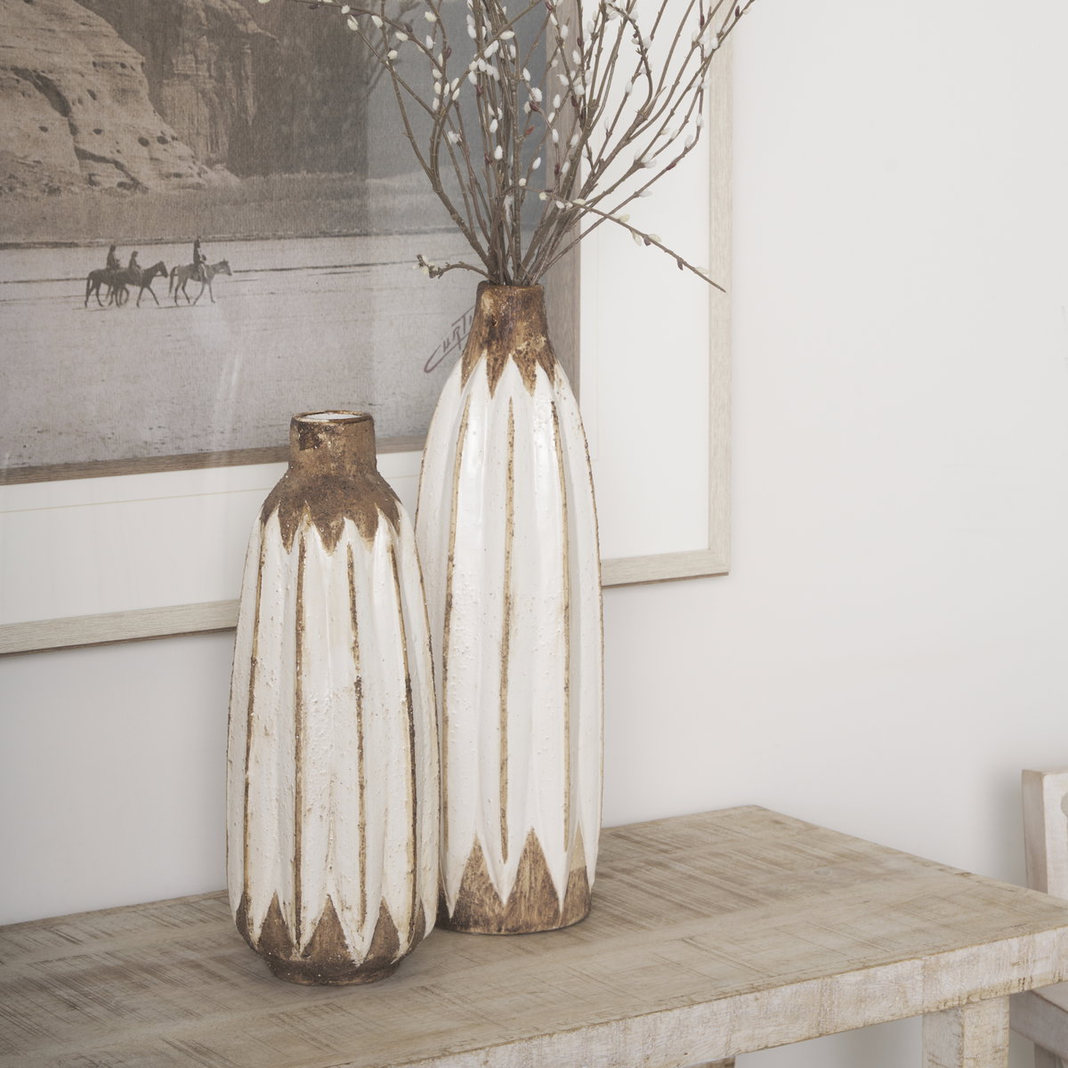 Sisko I Short Rustic Brown White Ceramic Vase, by Mercana, 4.92" length x 4.92" width x 13.98" height View 5