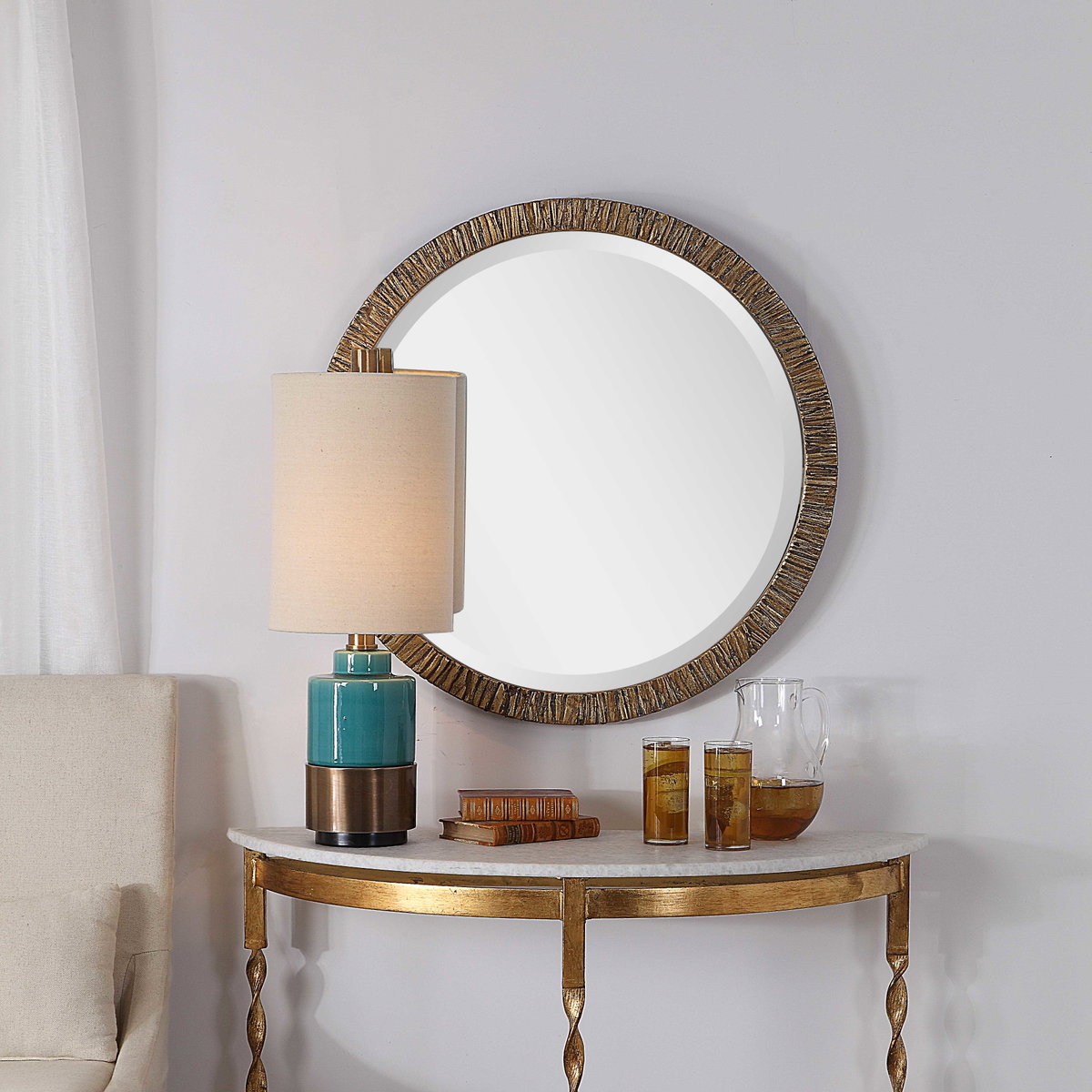 Wayde Gold Bark Round Mirror, by Uttermost, 2'6" width x 2'6" height x 1.5" depth View 2