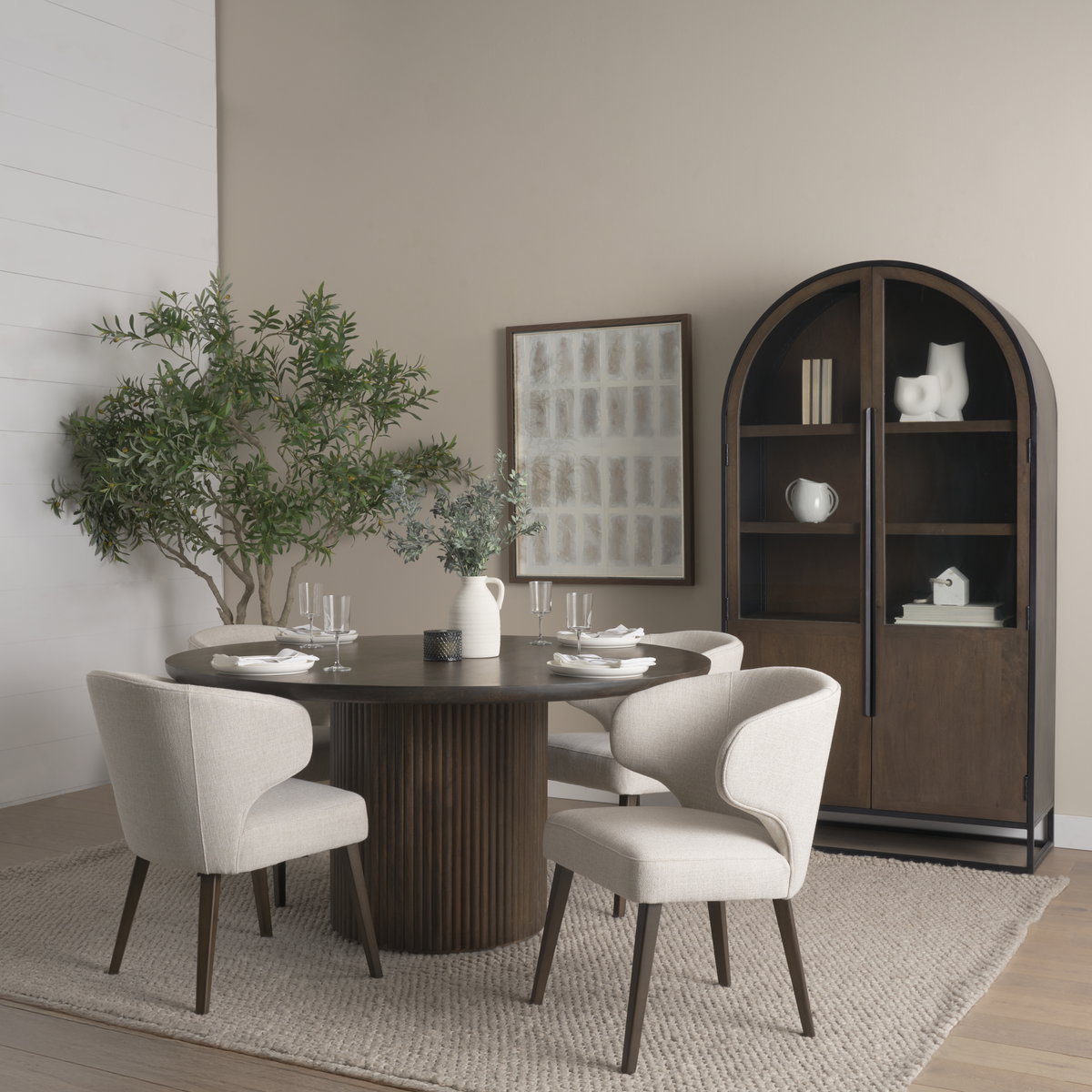Niles Wingback Dining Side Chair | Cream Fabric with Dark Brown Wooden, Dining Chair by Mercana, 21.65" length x 25" width x 31.89" height View 4
