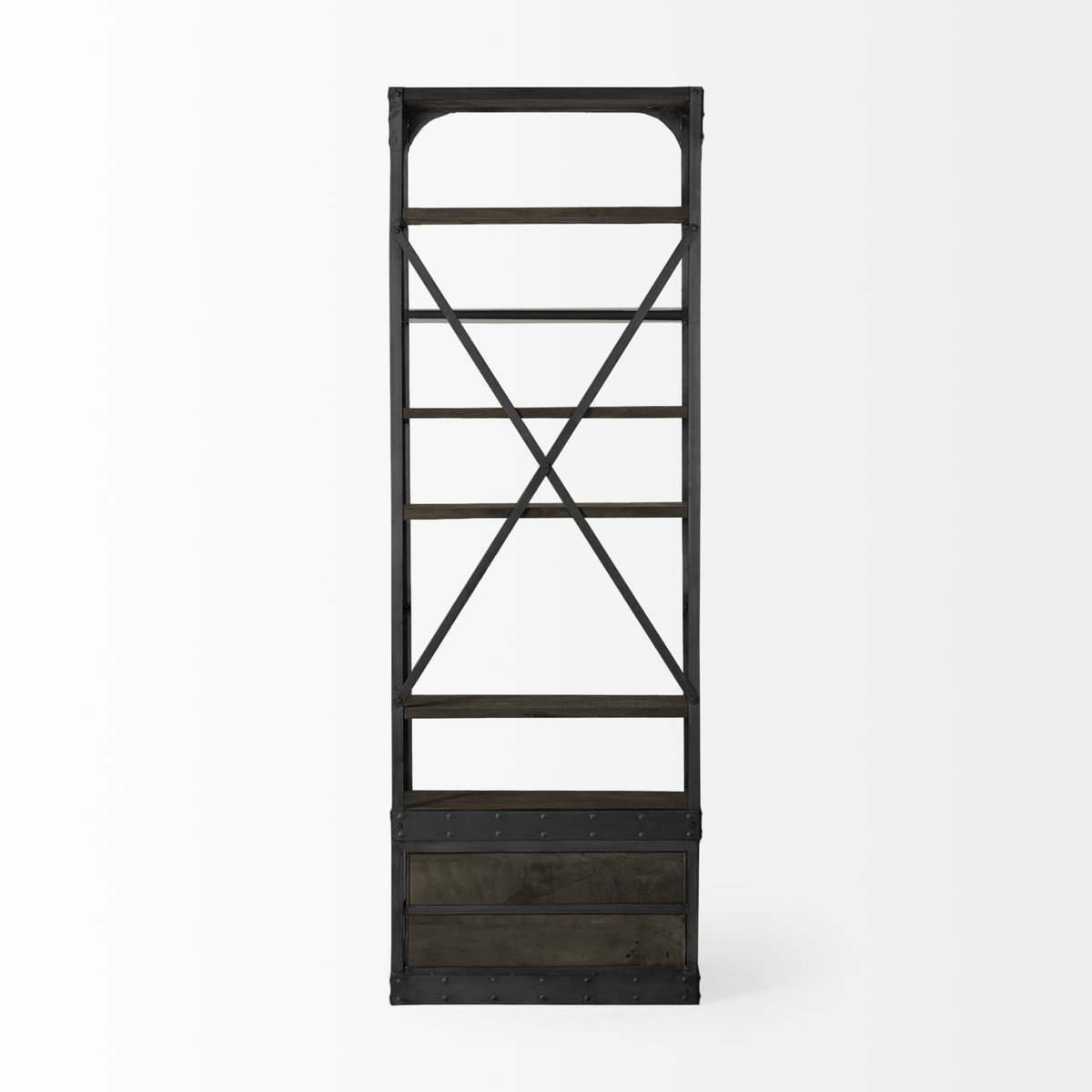 Brodie VII 32L x 22W x 94H Brown Wood Gun-Metal Bracing Four Shelf Shelving Unit, Shelving & Bookcase by Mercana, 31.5" length x 21.5" width x 94" height View 7