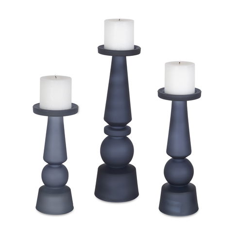 Cassiopeia Blue Glass Candleholders, S/3