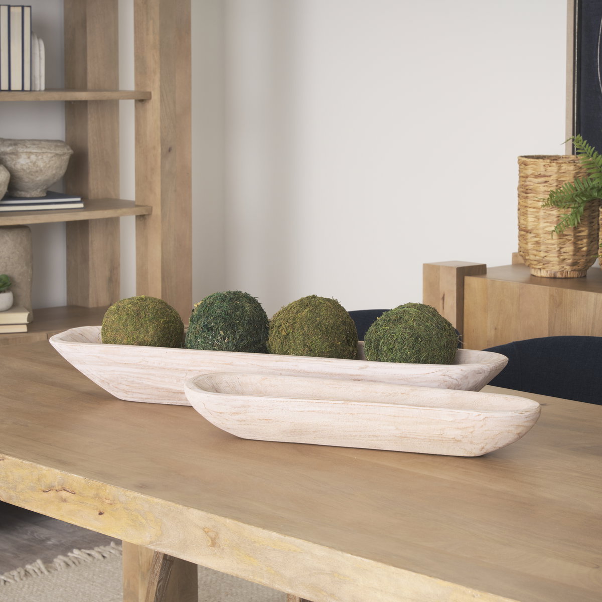 Athena Set of 2 Extra Large  Light-Wash Reclaimed Wood Trays, Decorative Tray by Mercana, 34.5" length x 7.75" width x 5" height View 2