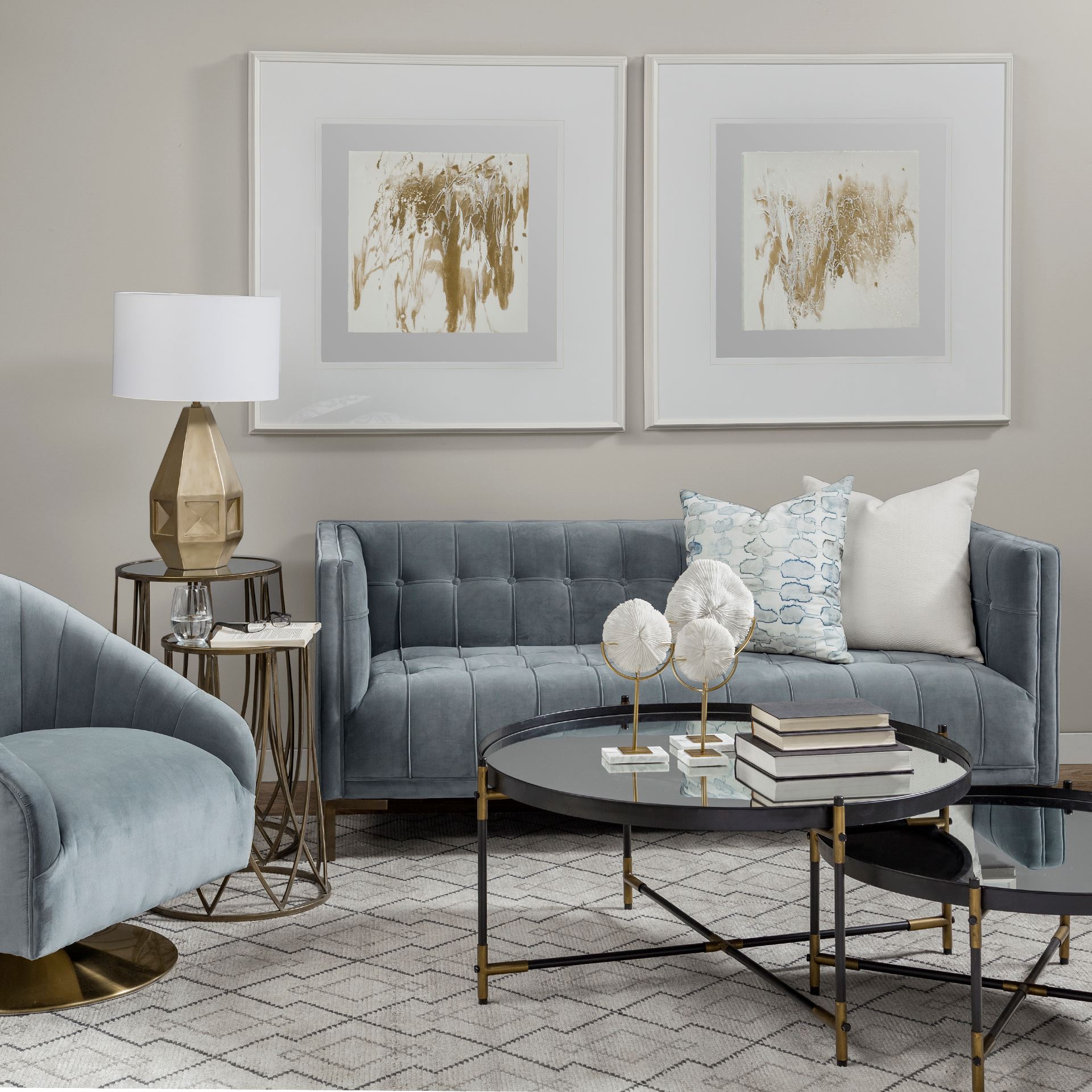James II Gray Blue Velvet Covered Seat w Gold Swivel Base Accent Chair large image 
