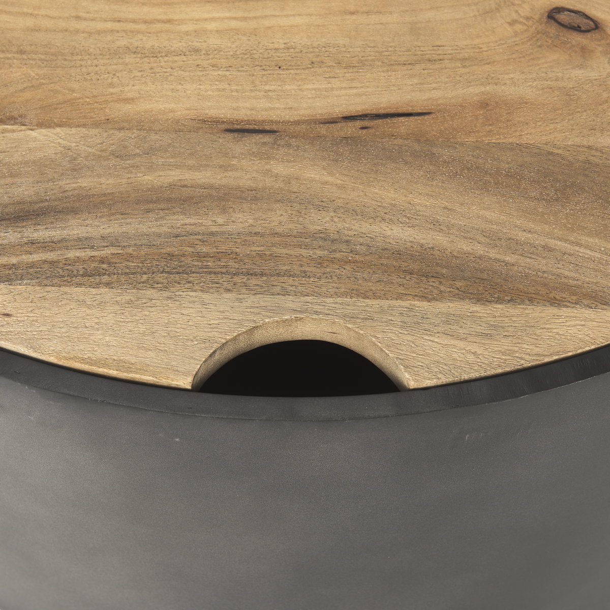 Eclipse Gunmetal Gray Drum Base with Brown Wood Top Nested Coffee Table, by Mercana, 36.22" length x 36.22" width x 17.32" height View 9