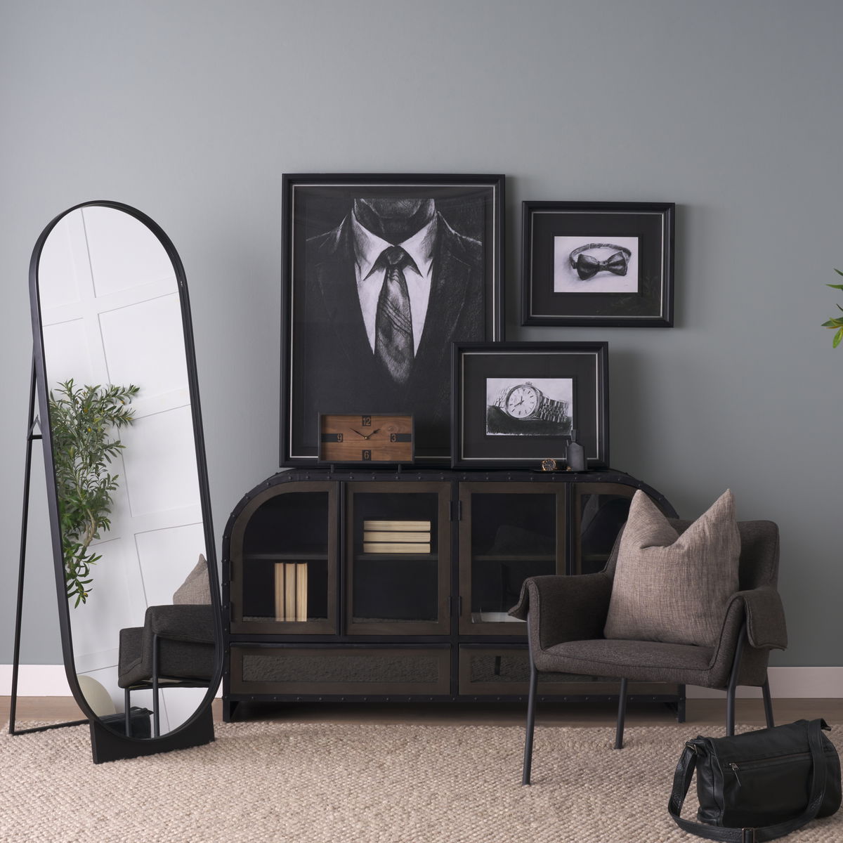 Harvey  Black Metal and Wood Rectangular Table Clock, by Mercana, 12.99" length x 4.53" width x 8.07" height View 2