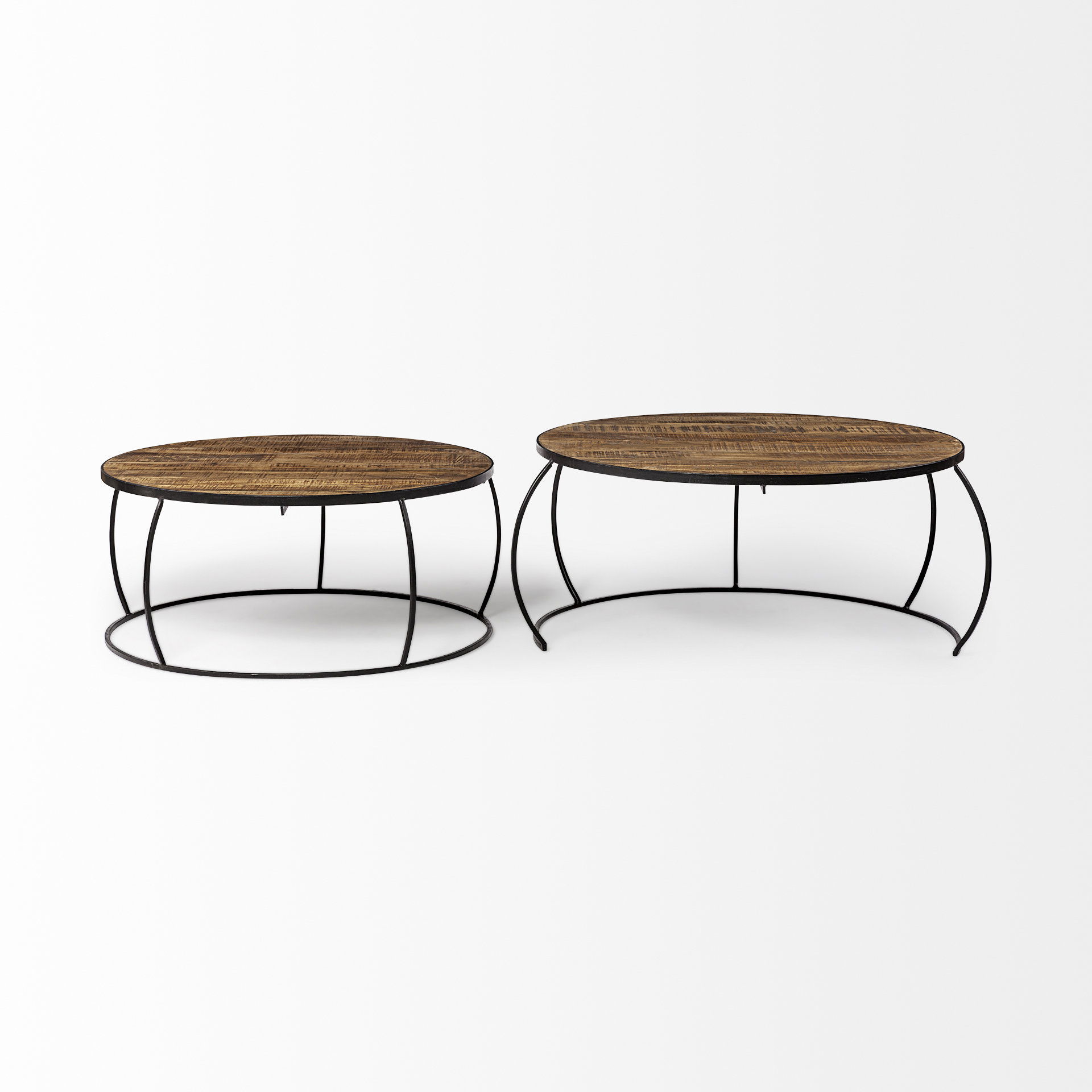 Clapp I Set of 2 (41' & 38') Round Brown Wood Top Black Iron Base Nesting Coffee Tables, by Mercana, 44" length x 44" width x 20" height View 8