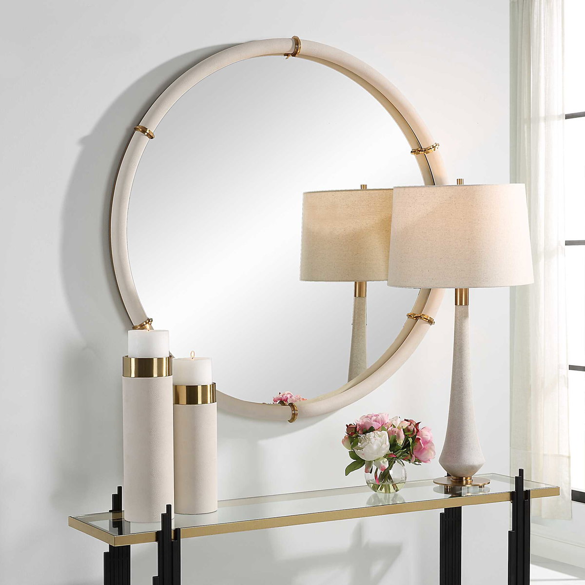 Cyprus White Round Mirror, by Uttermost, 43" width x 43" height x 2.75" depth View 4