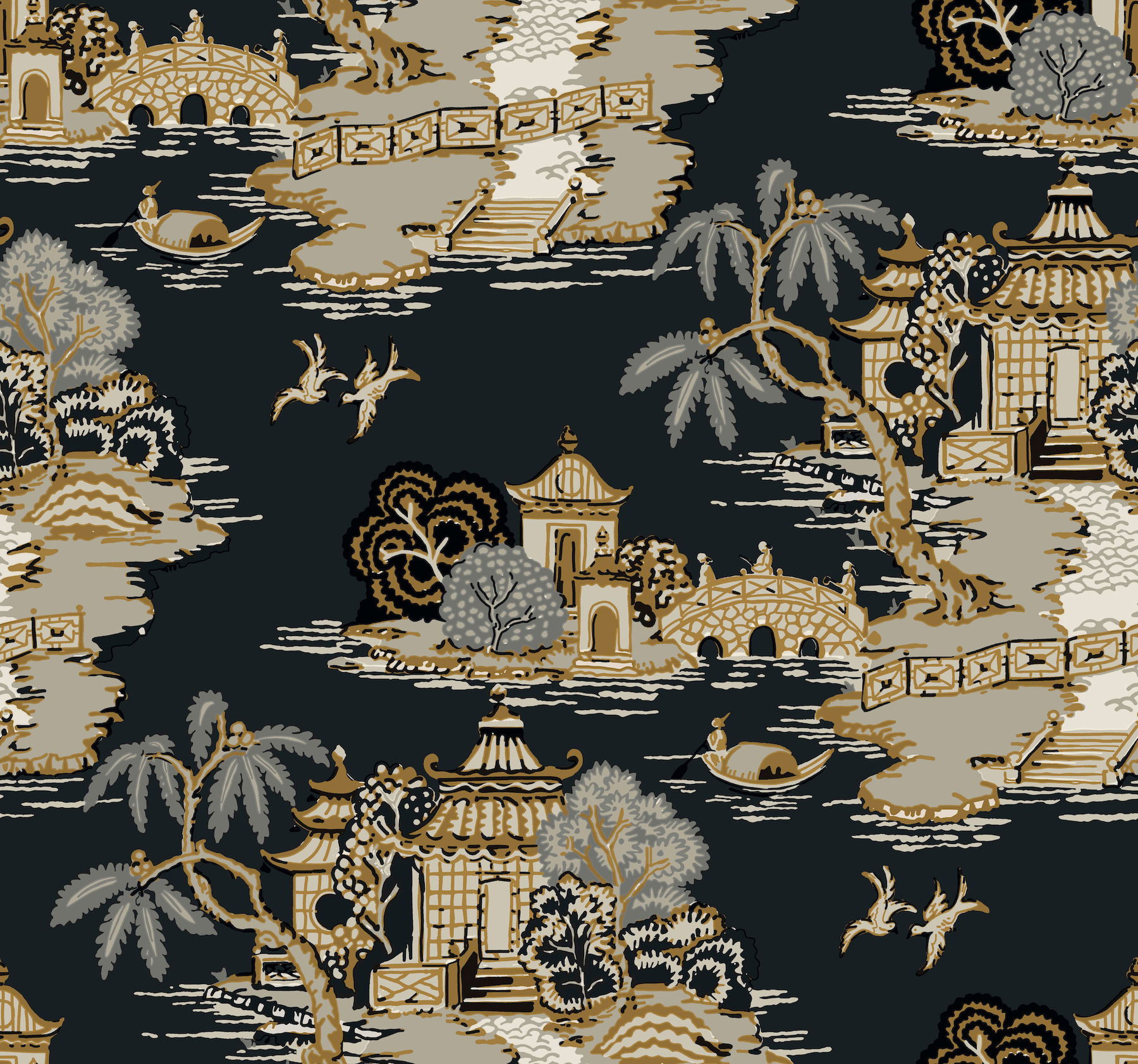 Pagoda And Sampan Scenic Black Wallpaper large image 