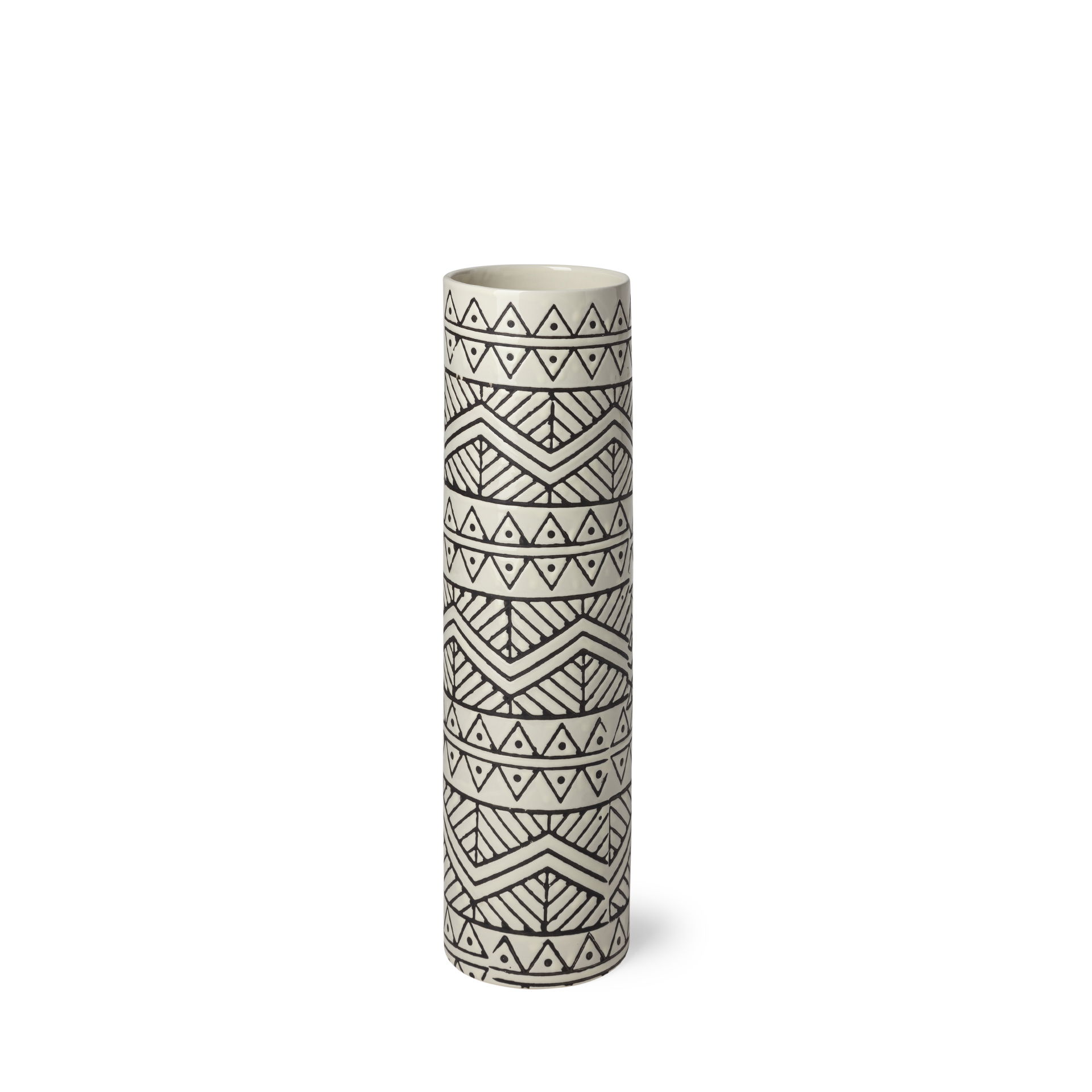 Uhura I Small Cream Black Patterned Cylindrical Vase, by Mercana, 4.13" length x 4.13" width x 13.78" height View 1