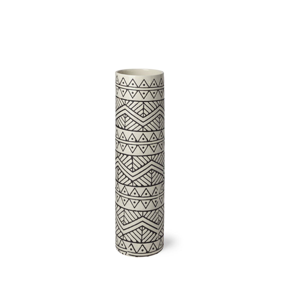 Uhura I Small Cream Black Patterned Cylindrical Vase, by Mercana, 4.13" length x 4.13" width x 13.78" height View 1