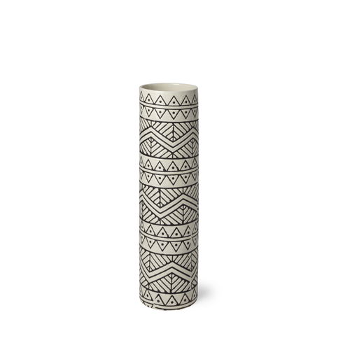 Uhura I Small Cream Black Patterned Cylindrical Vase