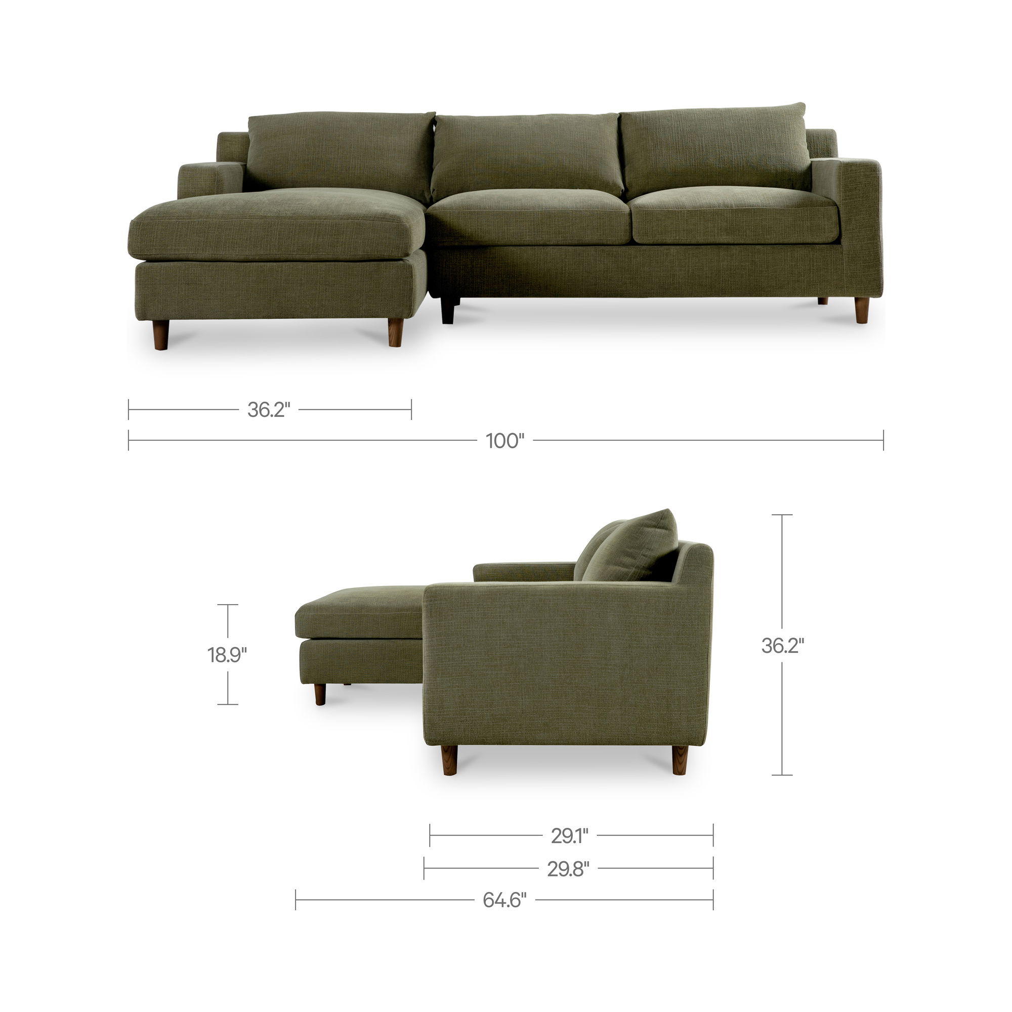 Hutton Left Sectional Olive, Sectional Sofa by Moe's Home, 100" width x 36.2" height x 29.8" depth View 10