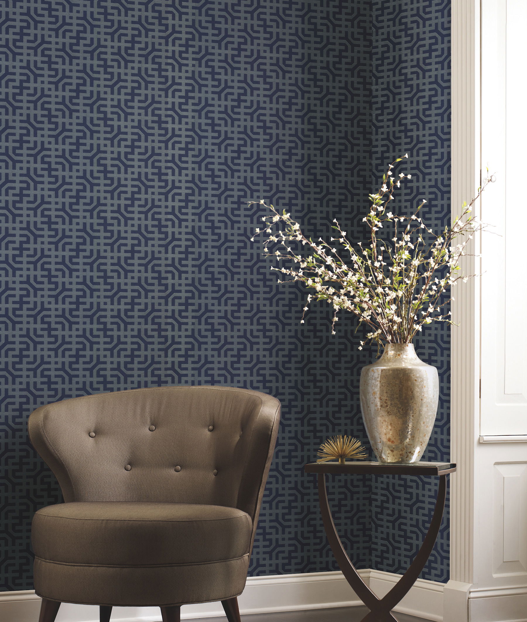 Dynastic Lattice Navy Wallpaper, by York Wall, 33' length x 1'8.5" width x 0.02" depth View 3