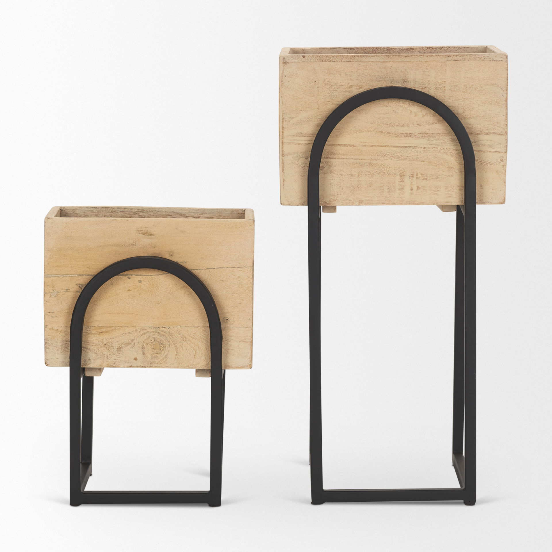 Jadine Set of 2  Beige Wood with Black Metal Arch Frames, Planter by Mercana, 15" length x 12" width x 29.5" height View 5