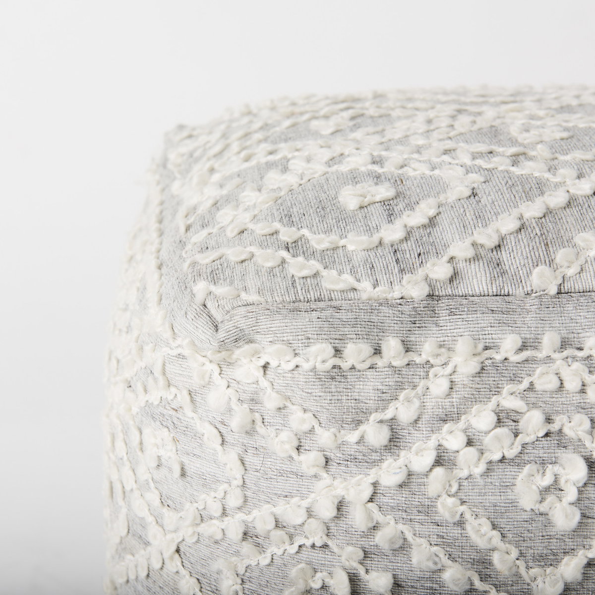 Farida 6.0L x 16.0W x 16.0H Light Gray Wool and Polyester Patterned Pouf, Ottoman by Mercana, 16" length x 16" width x 16" height View 7