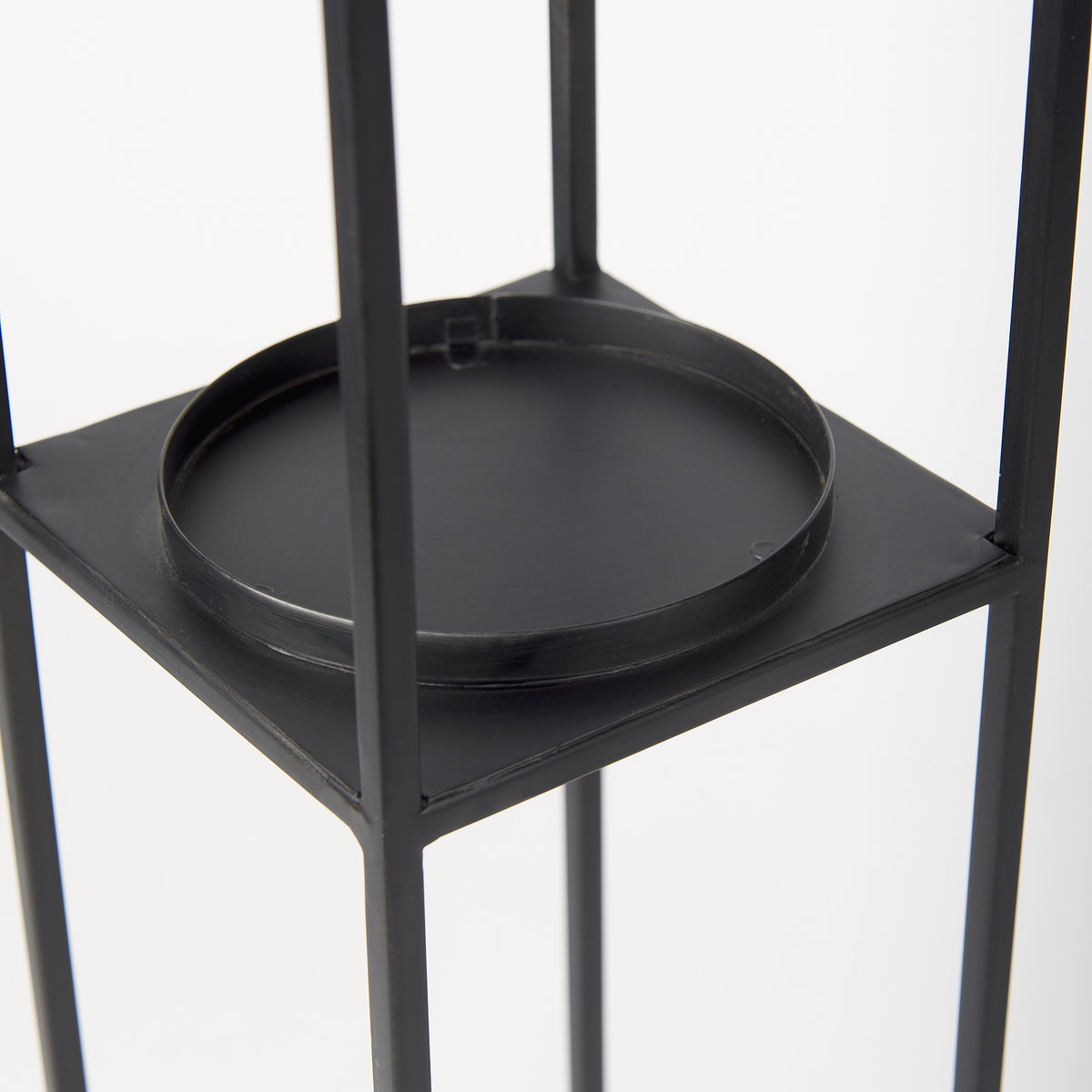 Cindy Set of 2 Matte Black Metal and Hurricane Glass Pillar Tabletop Candle Holders, Candles & Candle Holder by Mercana, 5.91" length x 5.91" width x 23.03" height View 8