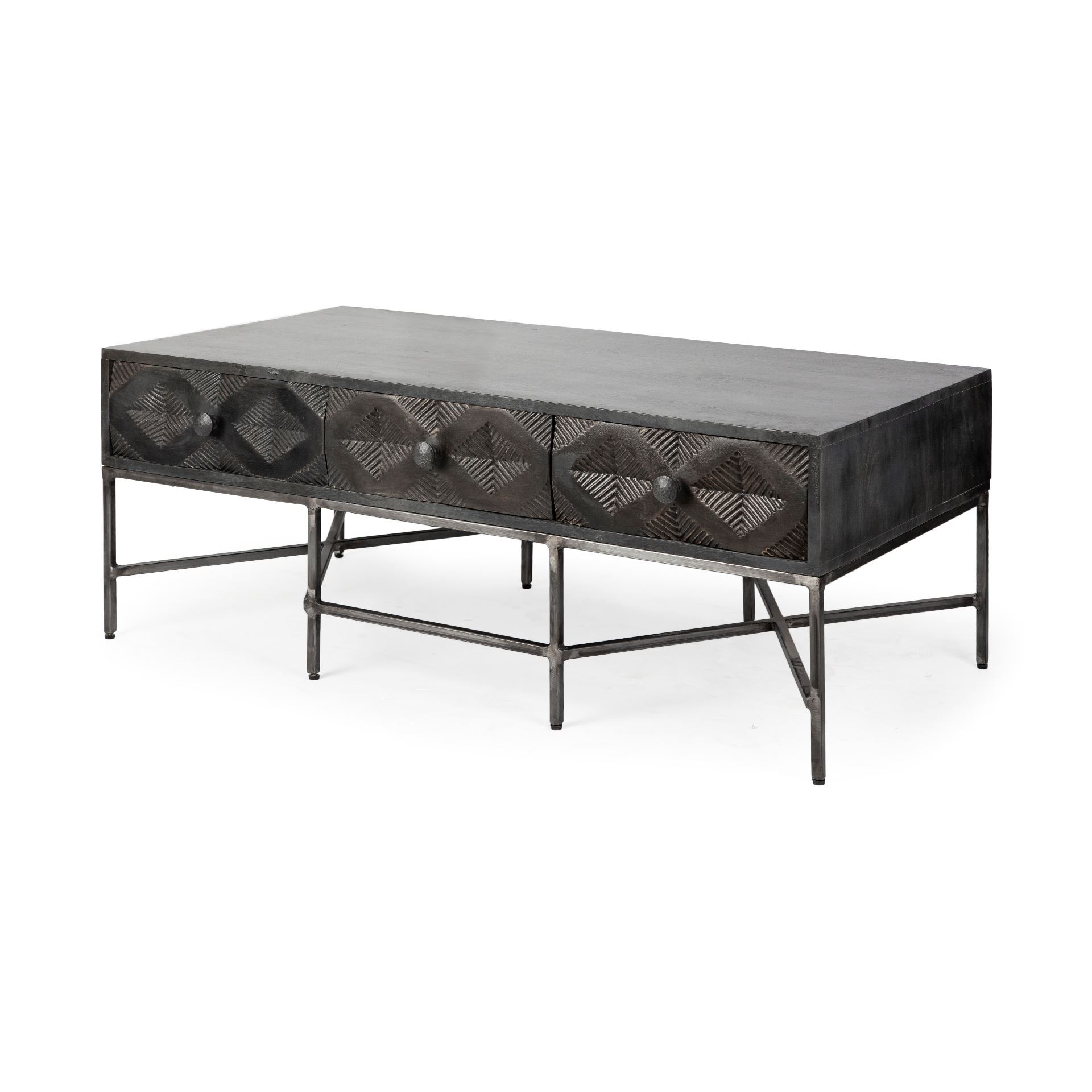 Hogarth 48x24 Rectangular Brown Solid Wood Top Iron Metal Base with 6 Drawers Coffee Table, by Mercana, 48" length x 26" width x 18" height View 1