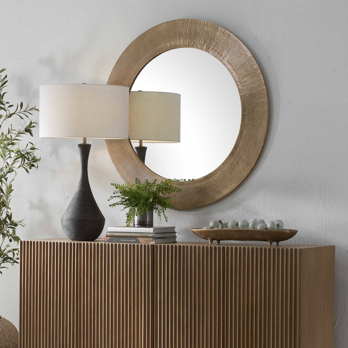 Tano Antique Brass Round Mirror, by Uttermost, 41" width x 41" height x 0.75" depth View 4