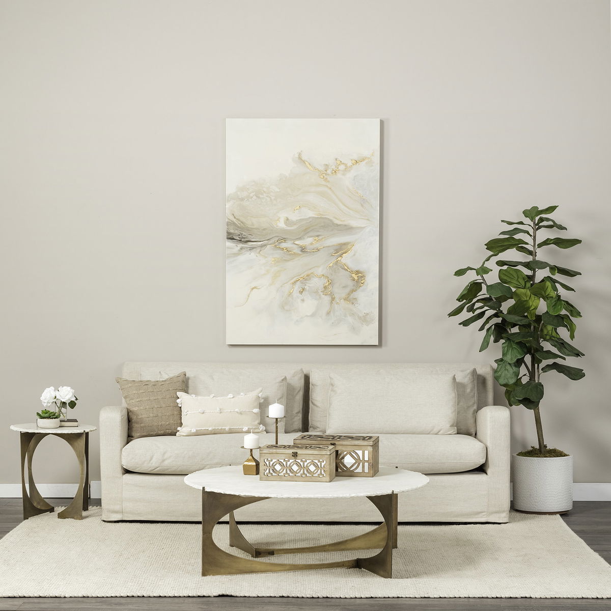 Reinhold 49' Round White Marble Top Gold Metal Base Coffee Table, by Mercana, 49" length x 49" width x 17" height View 2