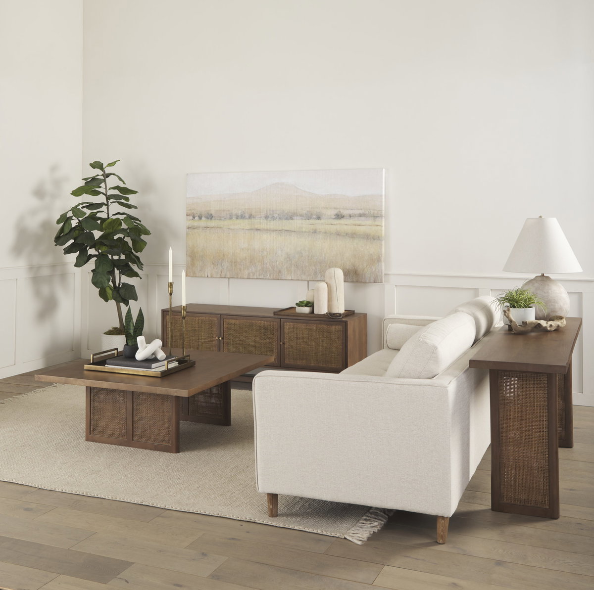 Grier 65' Medium Brown Solid Wood with Cane Console Table, by Mercana, 65" length x 16" width x 29" height View 3
