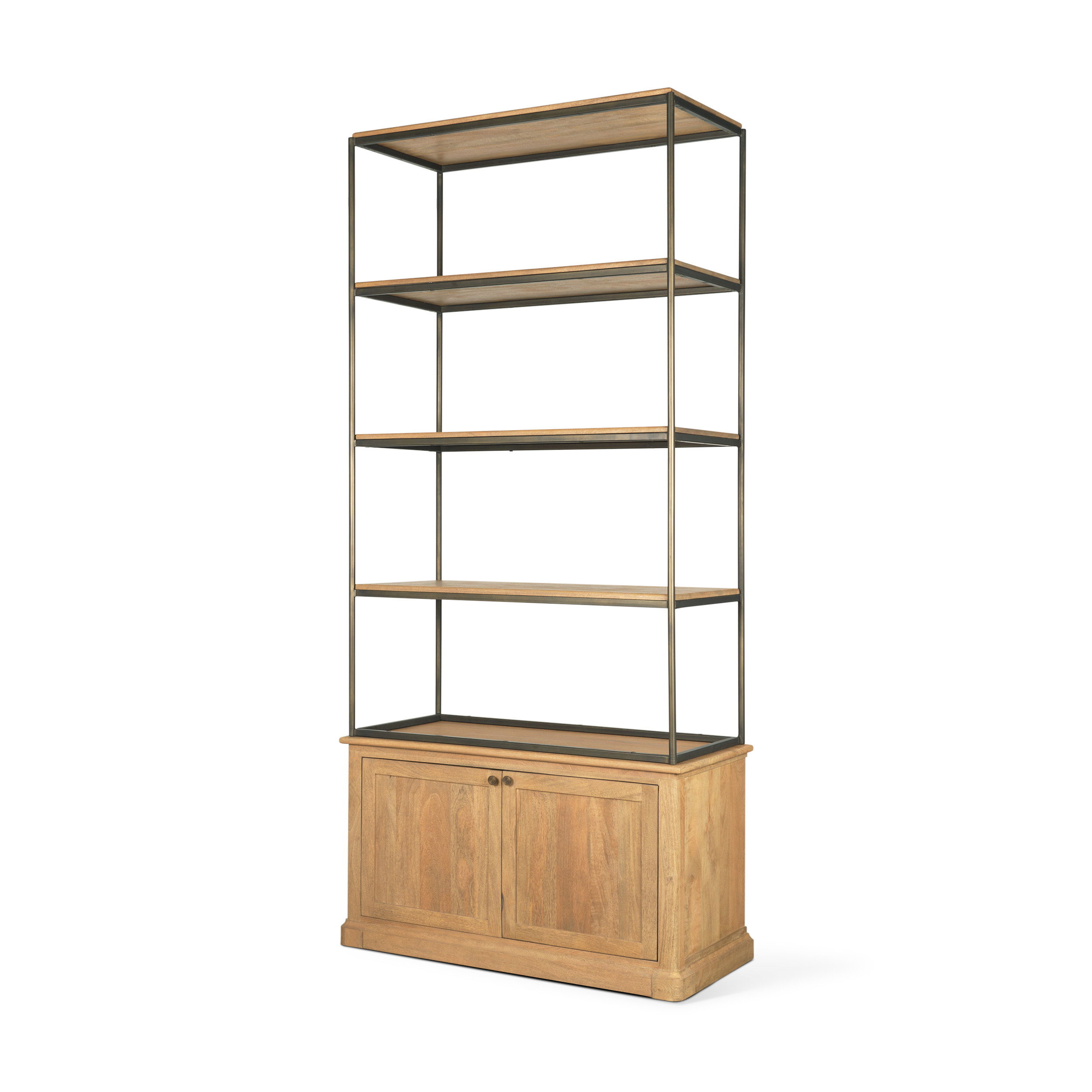 Baron Light Brown Wood with Gunmetal 2-Door Open Shelving Unit, Shelving & Bookcase by Mercana, 41.75" length x 19" width x 90" height View 1